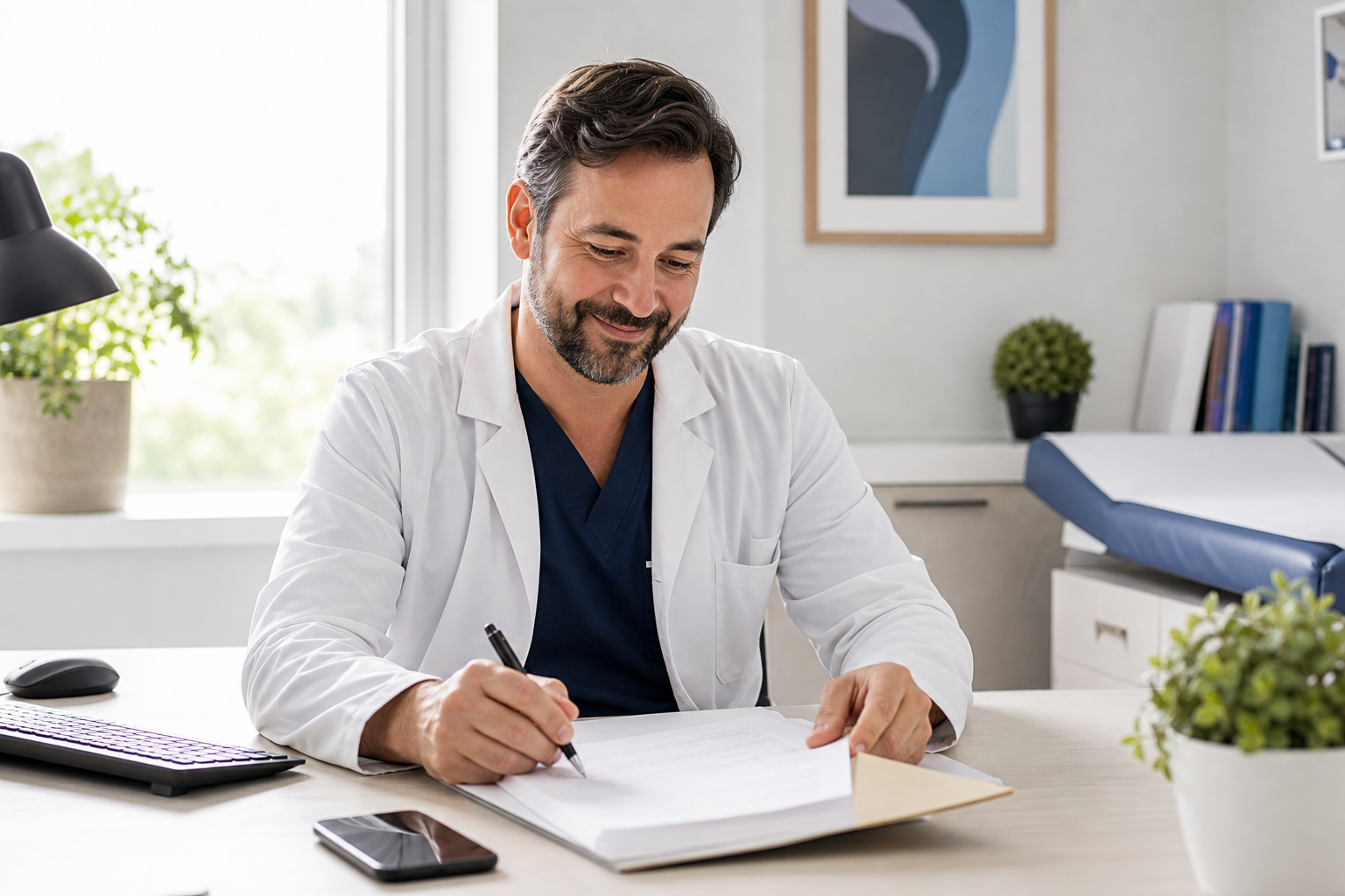 Professionnelle de la santé travaillant sereinement pendant que Mallar répond au téléphone